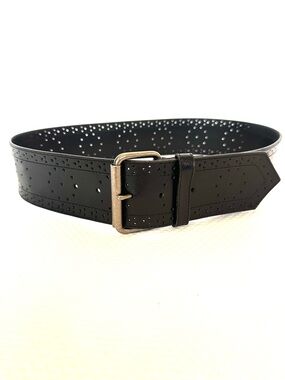 Wide Black Perforated Design Leather Belt with Silver Buckle Boho Festival